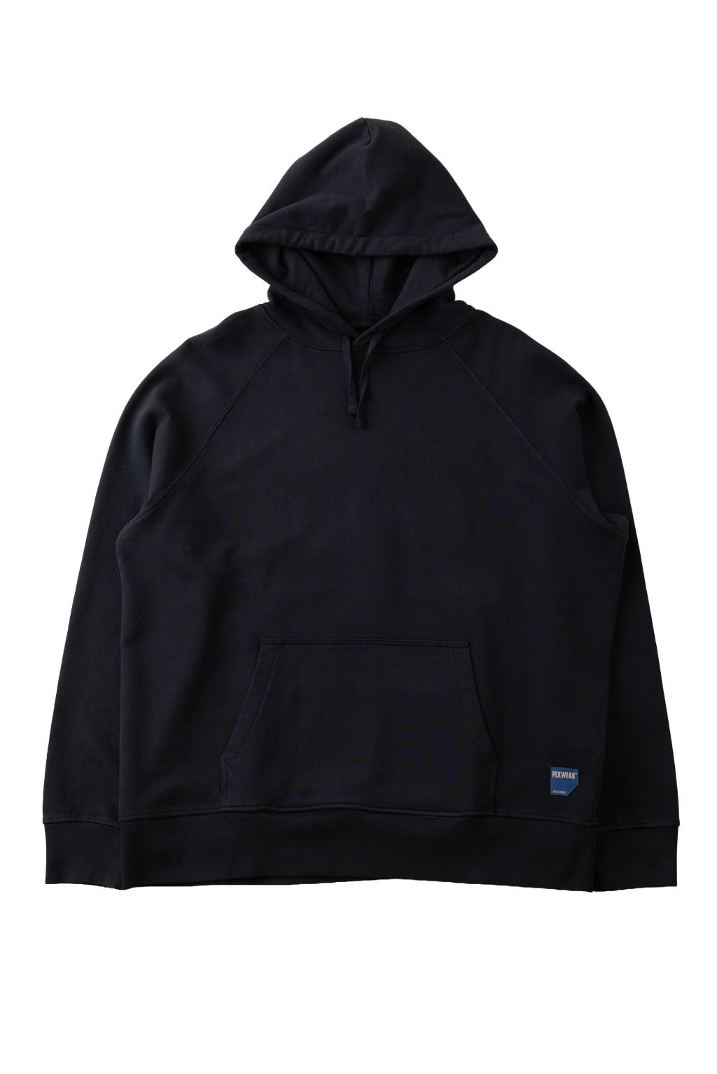 A black pullover hoodie with a kangaroo pocket and a small blue and white woven label on the lower left hem, displayed against a solid white background.