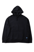A black pullover hoodie with a kangaroo pocket and a small blue and white woven label on the lower left hem, displayed against a solid white background.