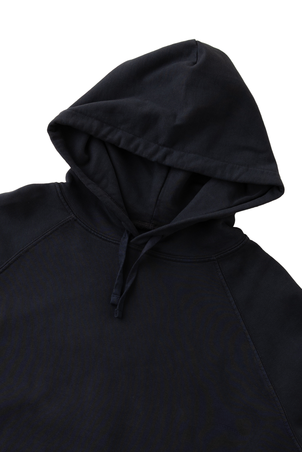 Close-up of a black pullover hoodie with drawstrings, showing the hood and upper chest against a plain white background.