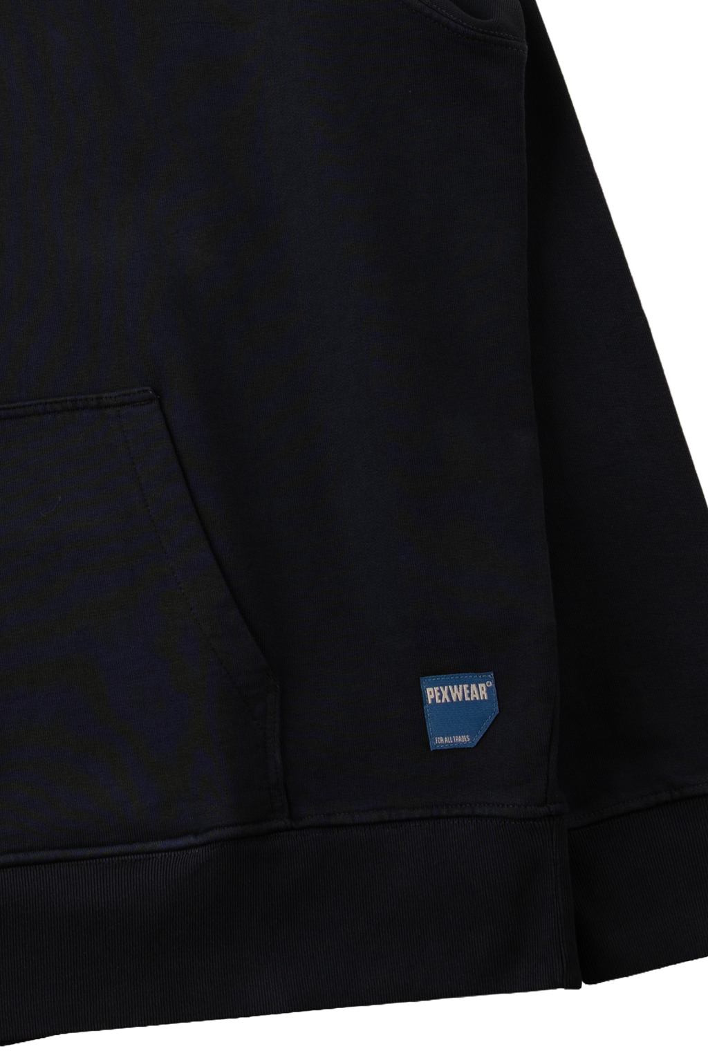 Close-up of a black sweatshirt showing a front pocket and a small blue PEXWIAR brand patch near the lower right side, against a white background.