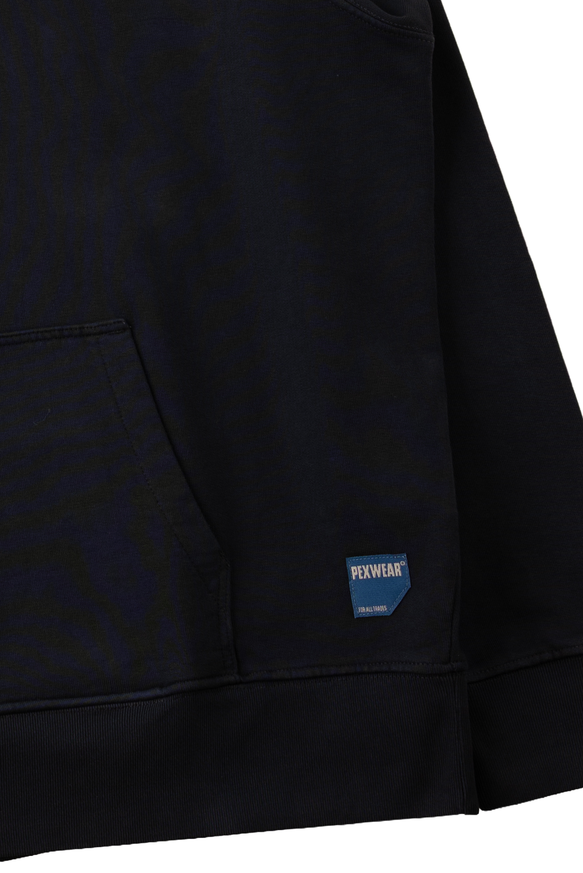 Close-up of a black sweatshirt showing a front pocket and a small blue PEXWIAR brand patch near the lower right side, against a white background.
