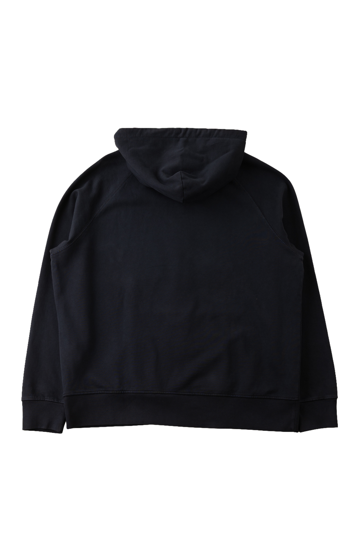 A black pullover hoodie shown from the back, featuring a ribbed hem and cuffs, displayed against a solid white background.