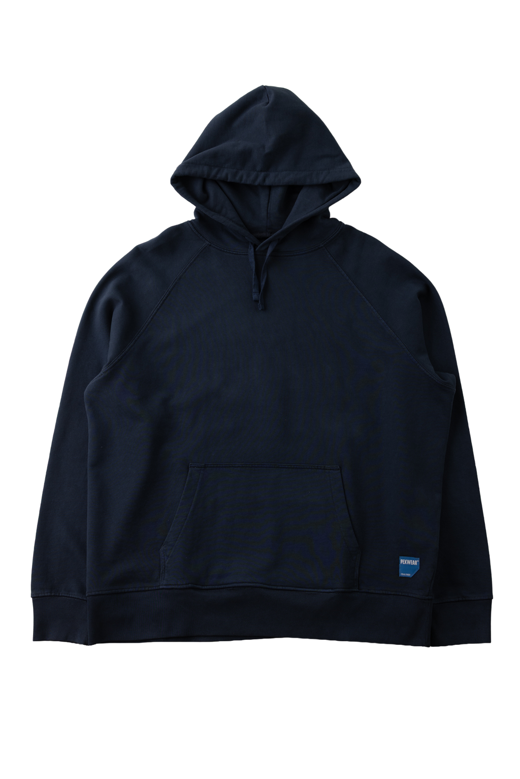 A dark navy blue pullover hoodie with a front kangaroo pocket and a small blue and white logo patch on the lower left hem, displayed against a plain white background.