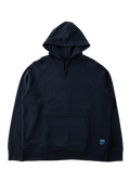 A dark navy blue pullover hoodie with a front kangaroo pocket and a small blue and white logo patch on the lower left hem, displayed against a plain white background.