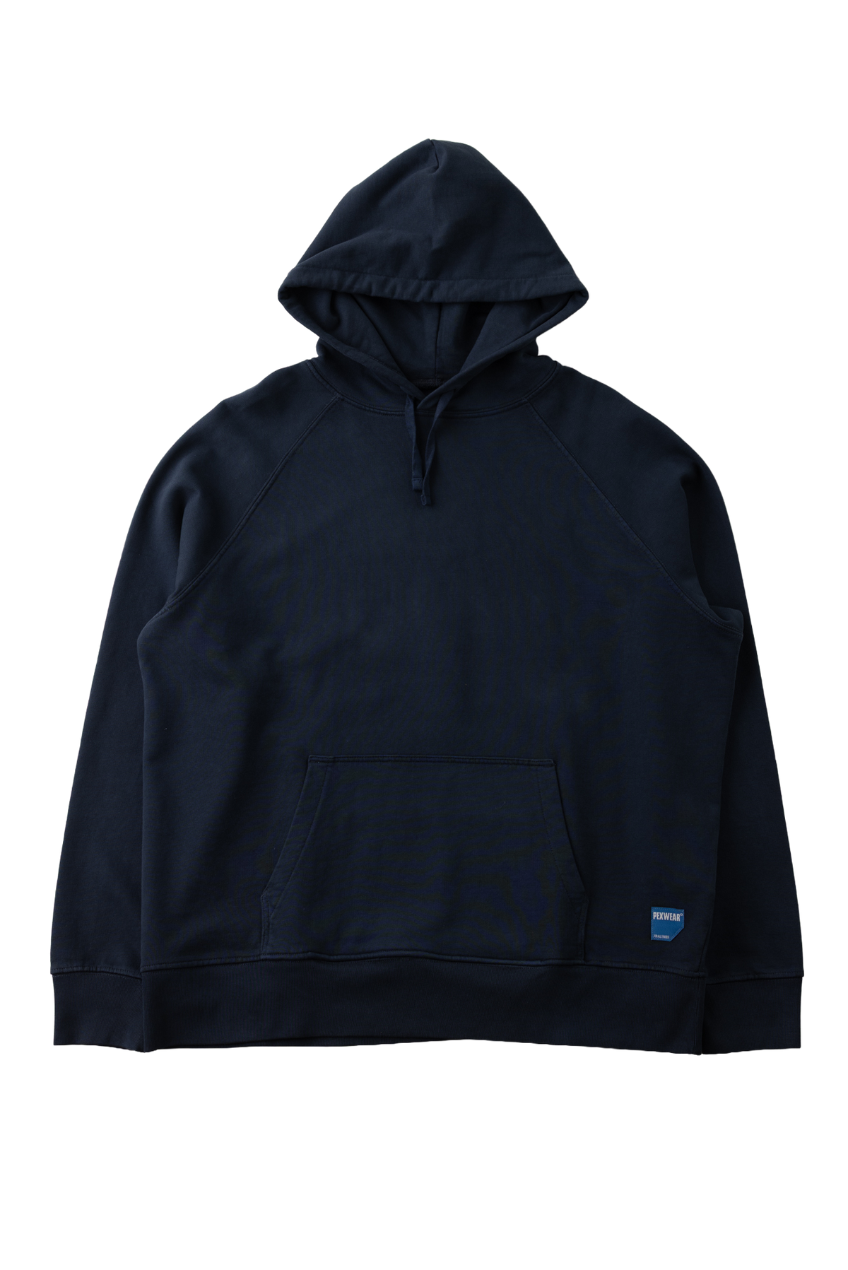 A dark navy blue pullover hoodie with a front kangaroo pocket and a small blue and white logo patch on the lower left hem, displayed against a plain white background.
