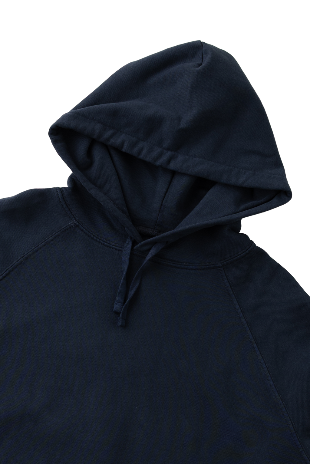 Close-up of a dark navy blue hooded sweatshirt showing the hood, drawstrings, and shoulder seams against a plain white background.