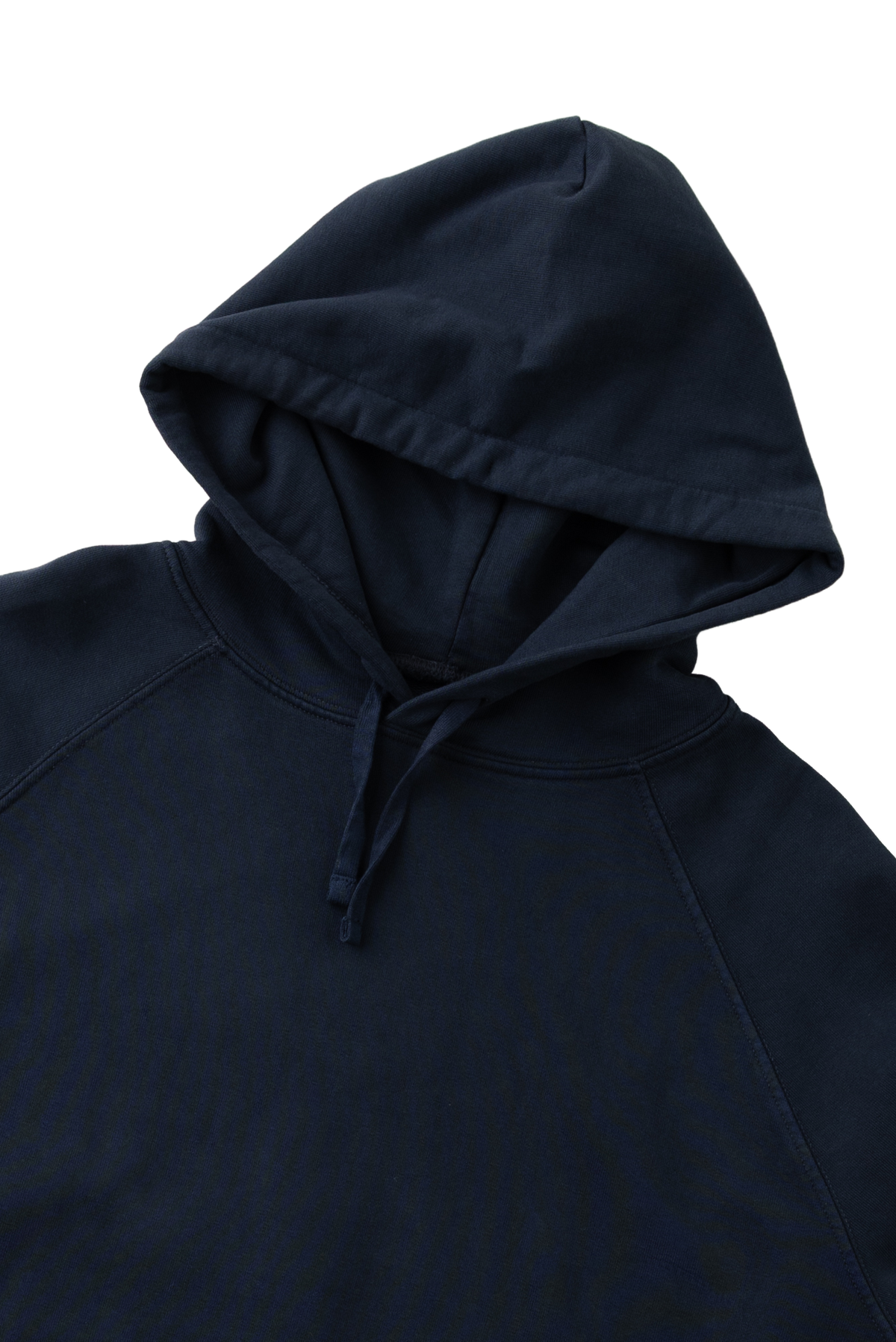 Close-up of a dark navy blue hooded sweatshirt showing the hood, drawstrings, and shoulder seams against a plain white background.