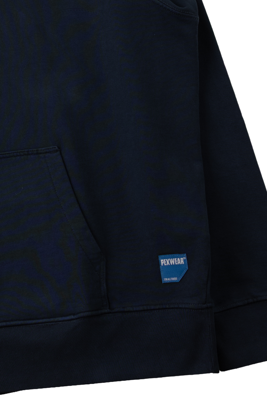 Close-up of a dark navy sweatshirt showing a front kangaroo pocket and a small blue sewn-on brand patch that reads PERWIAR.