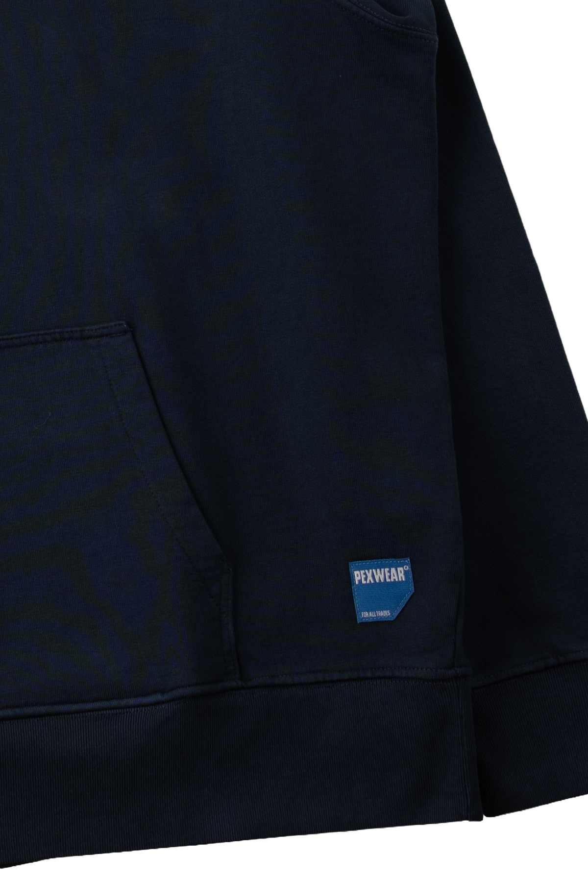 Close-up of a dark navy sweatshirt showing a front kangaroo pocket and a small blue sewn-on brand patch that reads PERWIAR.