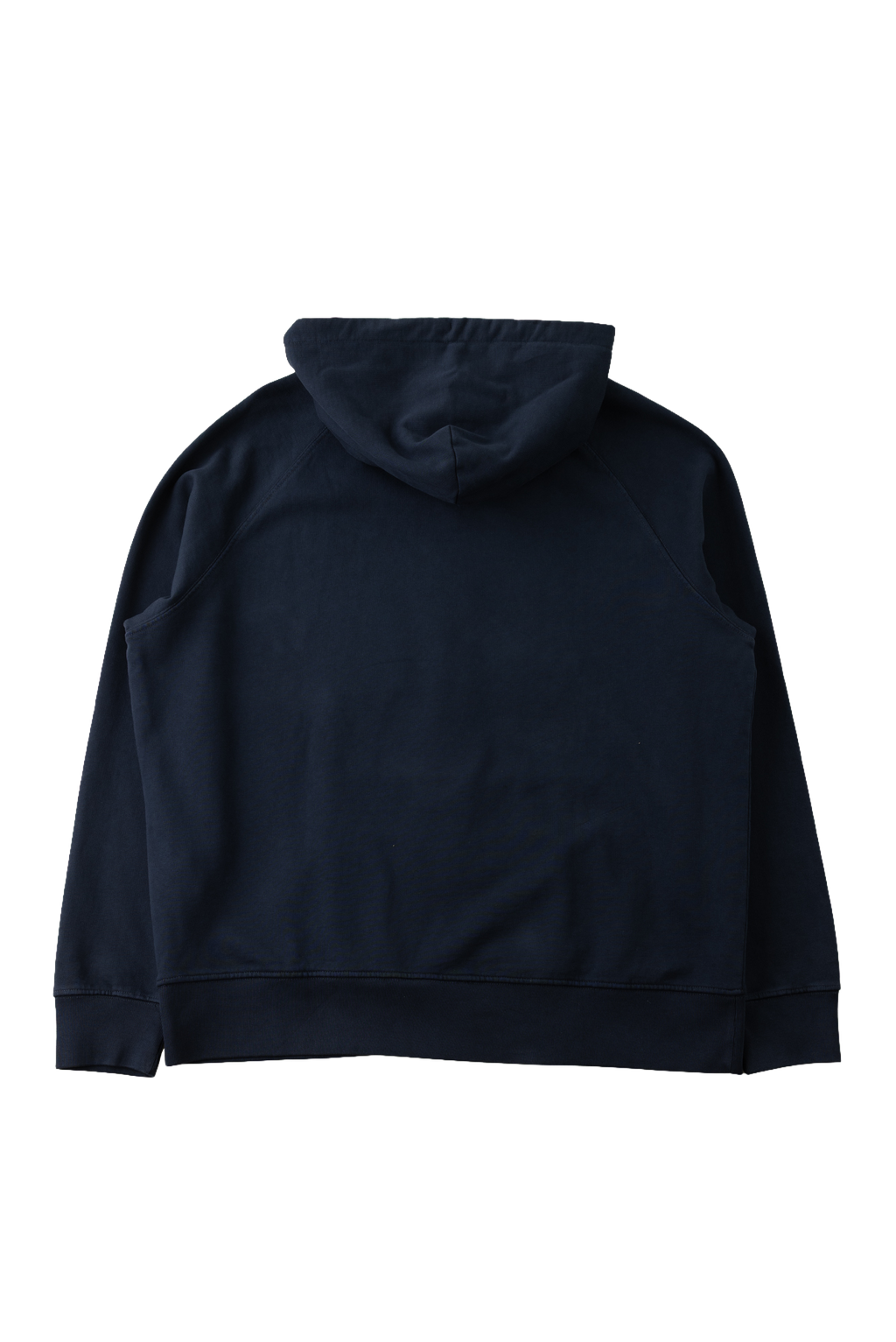 A dark navy blue hoodie shown from the back, photographed flat against a solid white background.