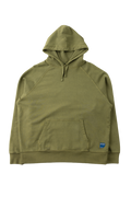 An olive green pullover hoodie with a kangaroo pocket and drawstrings, featuring a small blue and white logo patch on the lower left hem, displayed against a plain white background.