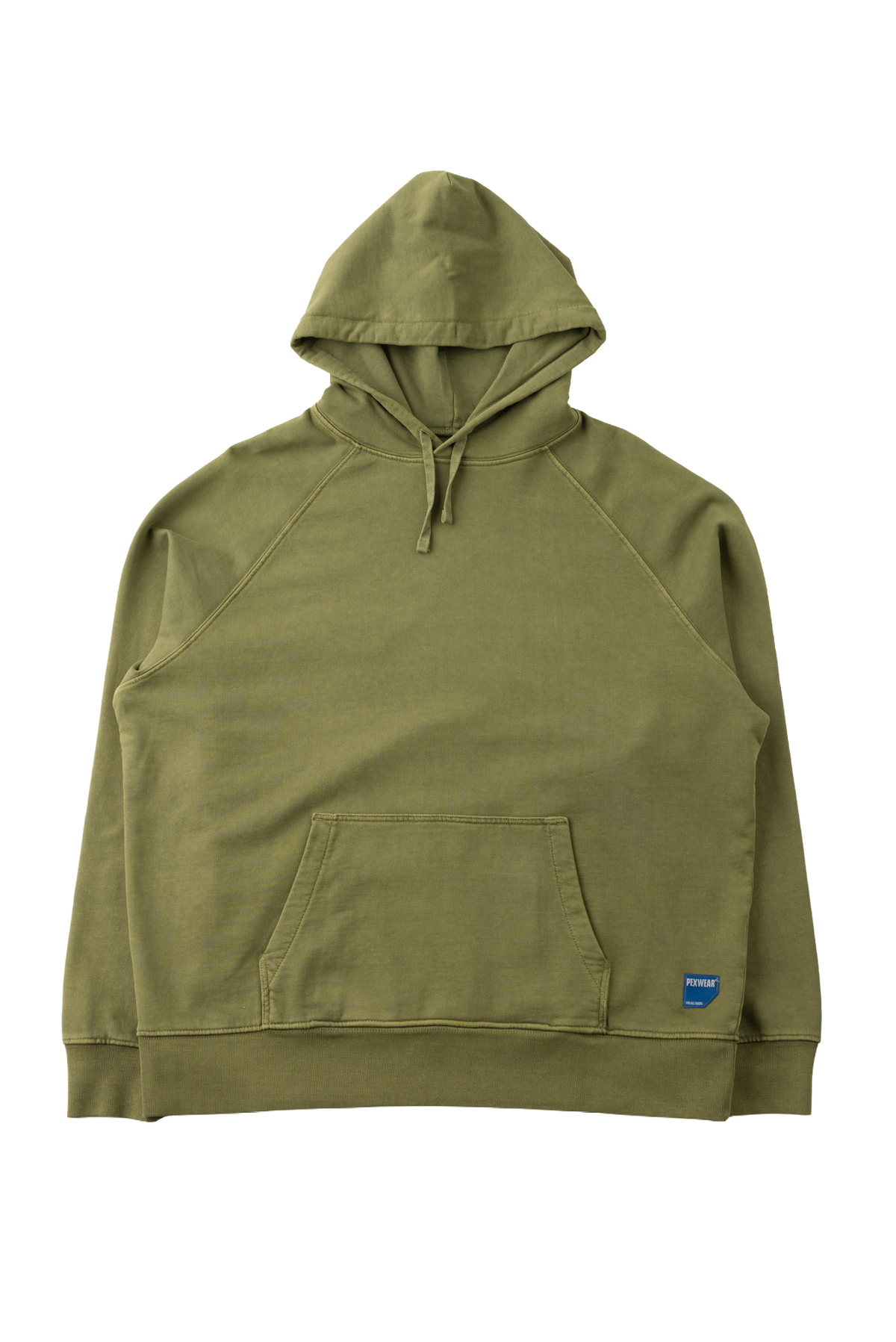 An olive green pullover hoodie with a kangaroo pocket and drawstrings, featuring a small blue and white logo patch on the lower left hem, displayed against a plain white background.