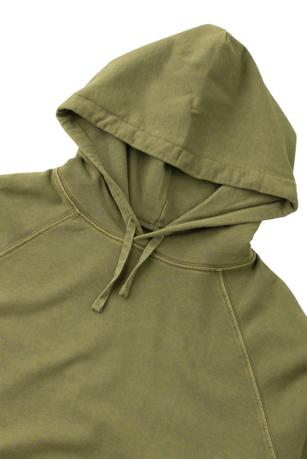 Close-up of an olive green hooded sweatshirt showing the hood, drawstrings, and shoulder seams against a plain white background.