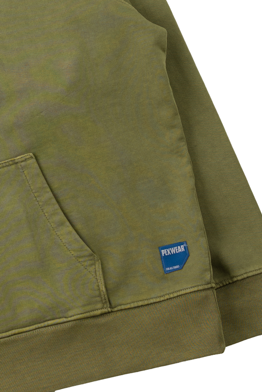 Close-up of an olive green sweatshirt showing a front kangaroo pocket and a blue PEXWEAR brand label sewn near the pocket.