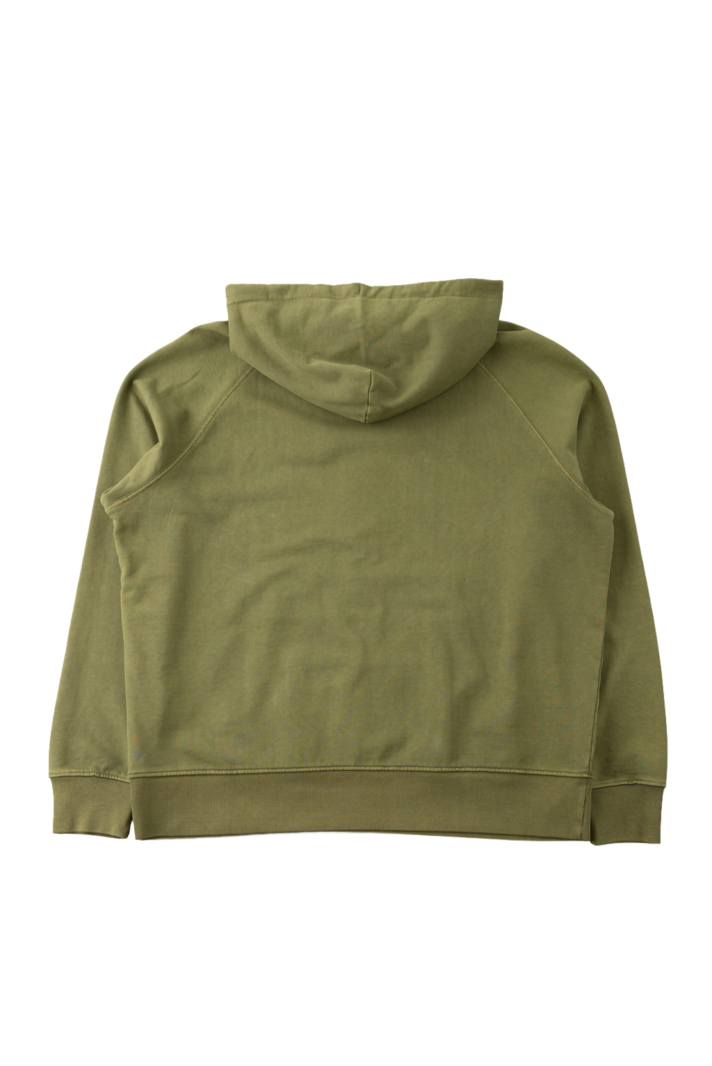 The back view of an olive green pullover hoodie on a solid white background.