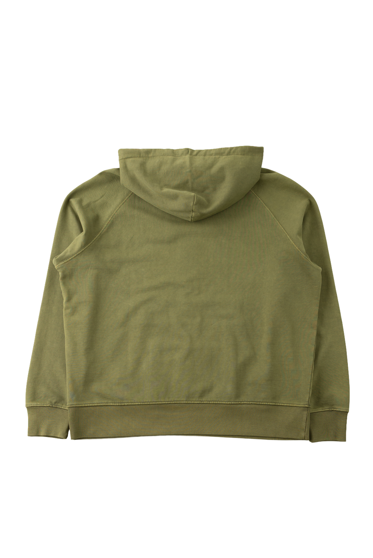 The back view of an olive green pullover hoodie on a solid white background.