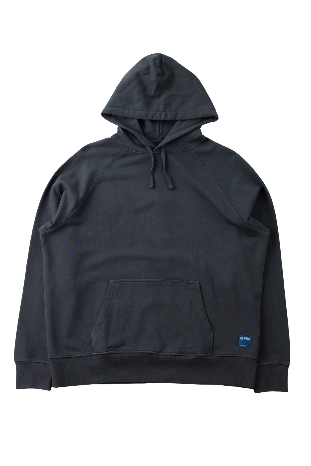 A dark charcoal gray pullover hoodie with a kangaroo pocket and a small blue brand tag on the lower right hem, displayed against a solid white background.