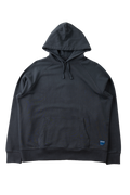 A dark charcoal gray pullover hoodie with a kangaroo pocket and a small blue brand tag on the lower right hem, displayed against a solid white background.