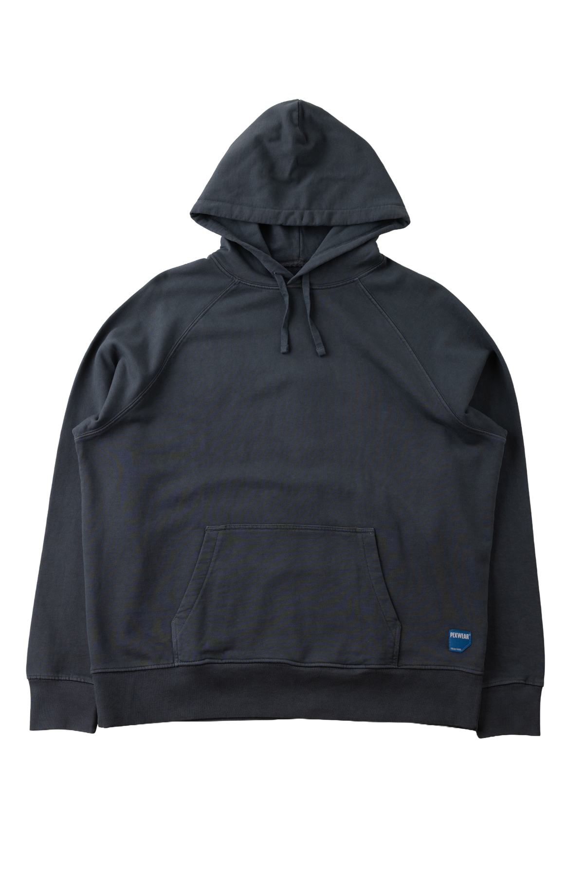 A dark charcoal gray pullover hoodie with a kangaroo pocket and a small blue brand tag on the lower right hem, displayed against a solid white background.