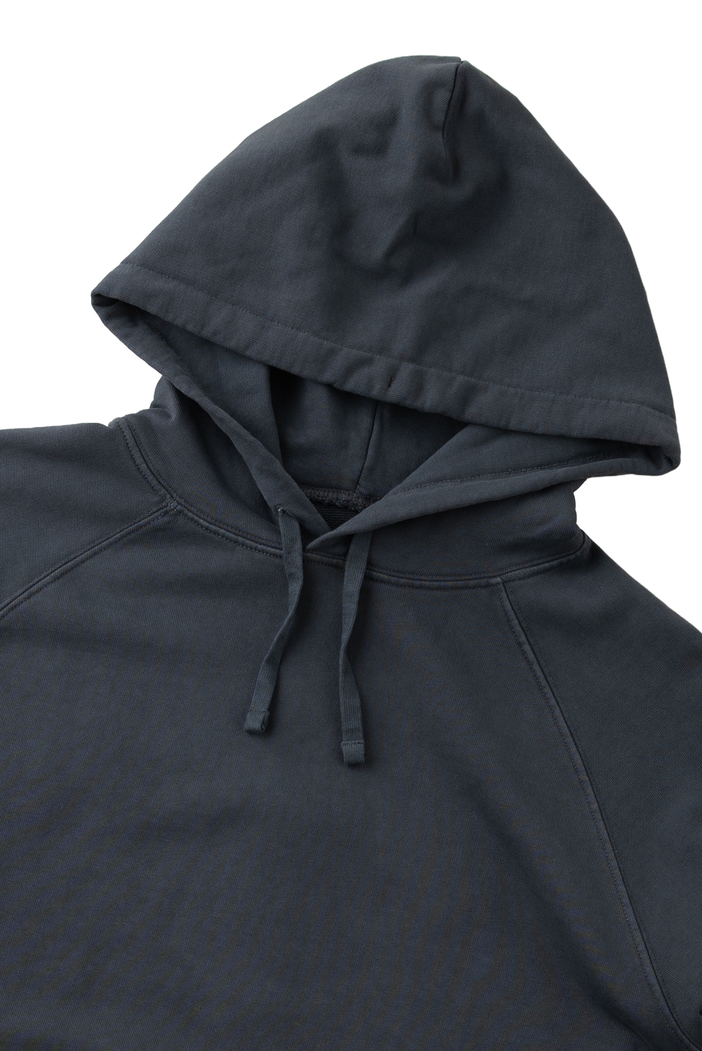 Close-up of a dark charcoal gray hooded sweatshirt showing the hood, drawstrings, and shoulder seams against a plain white background.