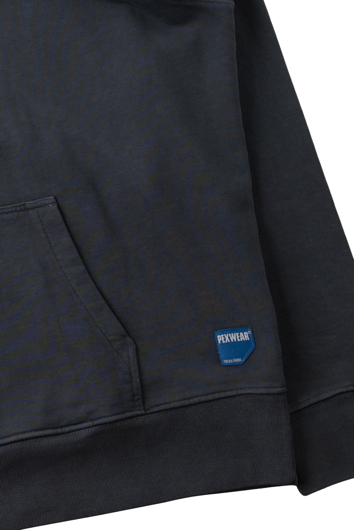 Close-up of a dark navy fleece hoodie showing the chest pocket, ribbed cuffs, and a blue hexagonal PEXWEAR logo patch on the lower front.