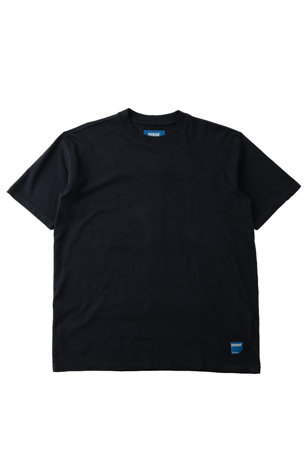 A black short-sleeve crewneck t-shirt with a small blue brand tag on the bottom right hem and a matching blue neck label, displayed flat against a white background.