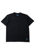 A black short-sleeve crewneck t-shirt with a small blue brand tag on the bottom right hem and a matching blue neck label, displayed flat against a white background.
