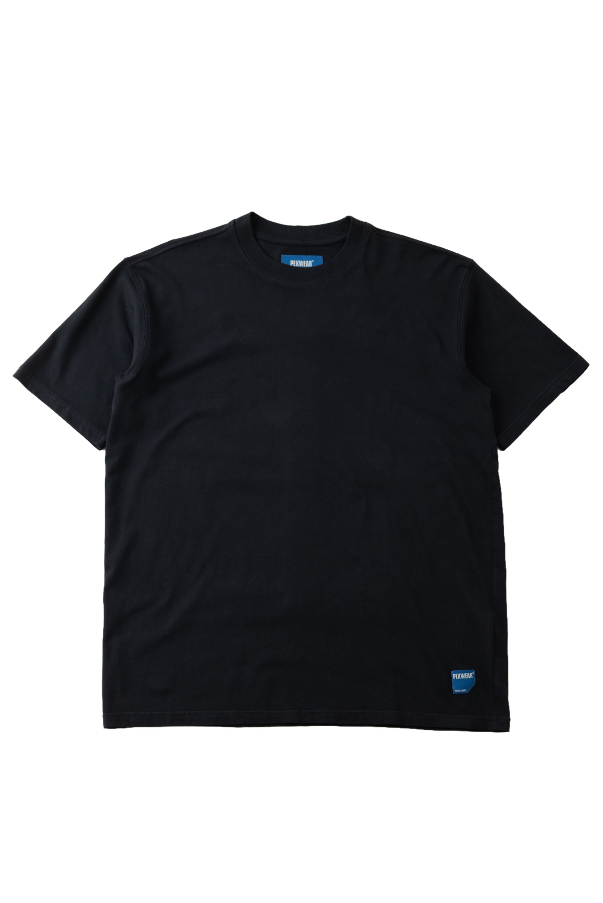 A black short-sleeve crewneck t-shirt with a small blue brand tag on the bottom right hem and a matching blue neck label, displayed flat against a white background.