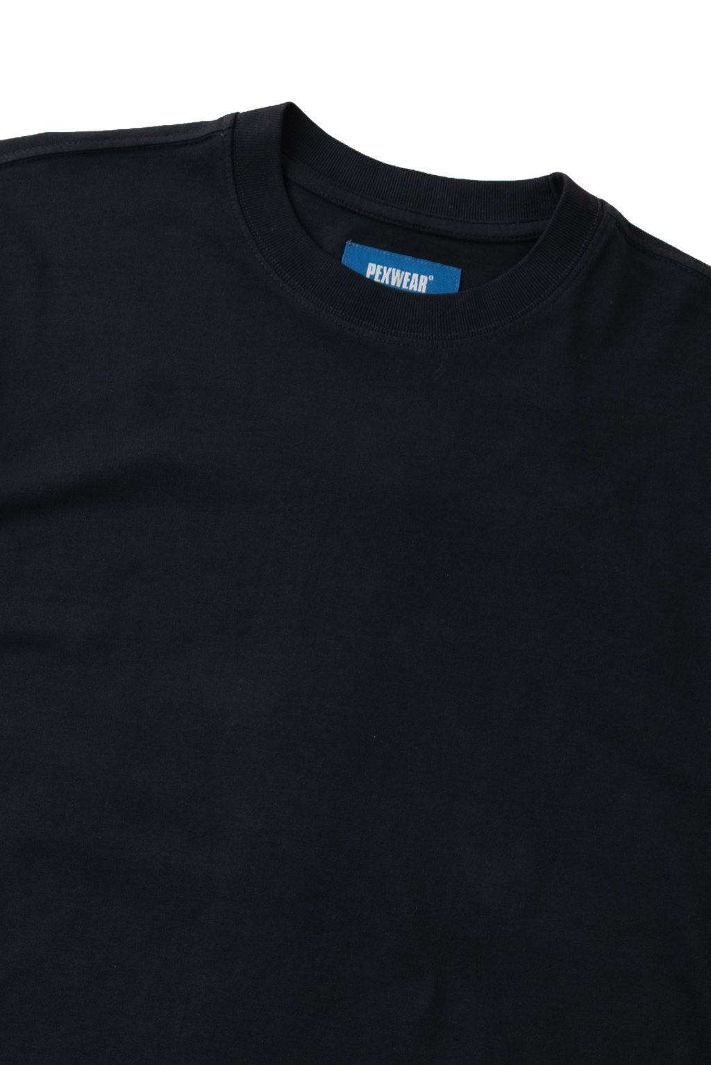 Close-up of a black crewneck t-shirt showing the inner neck label which reads 'PENWEAR' in white text on a blue background.