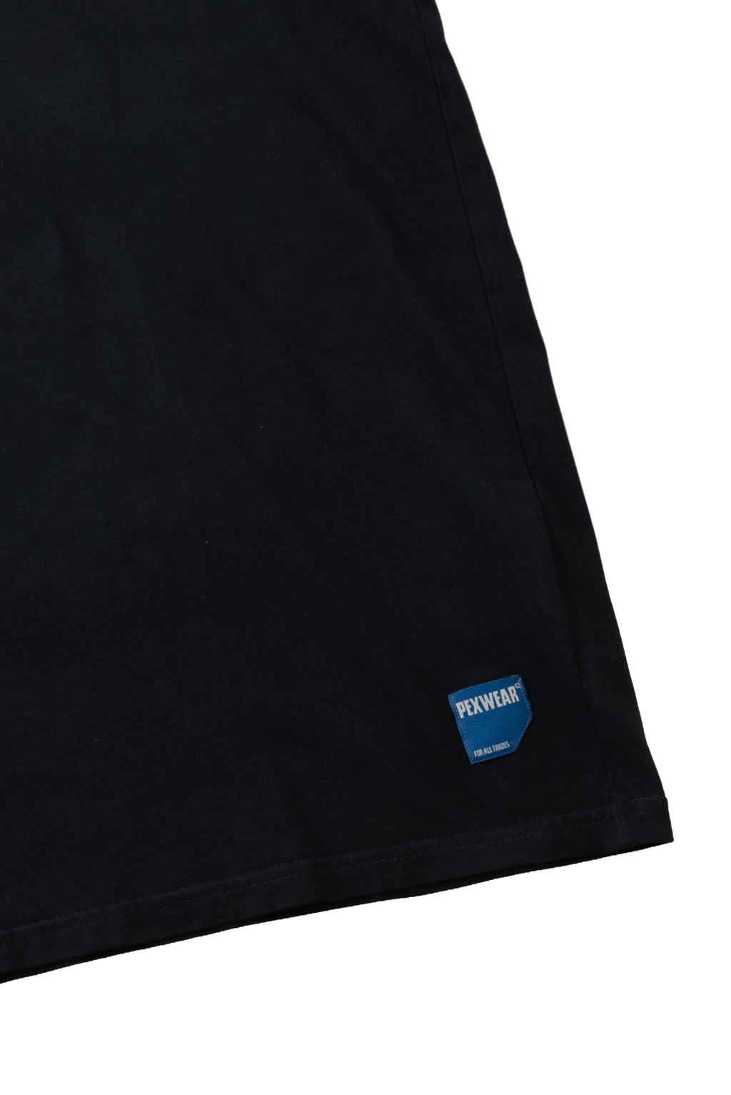 Close-up of a black garment corner with a small blue RUNWAY label near the hem, shown against a white background.