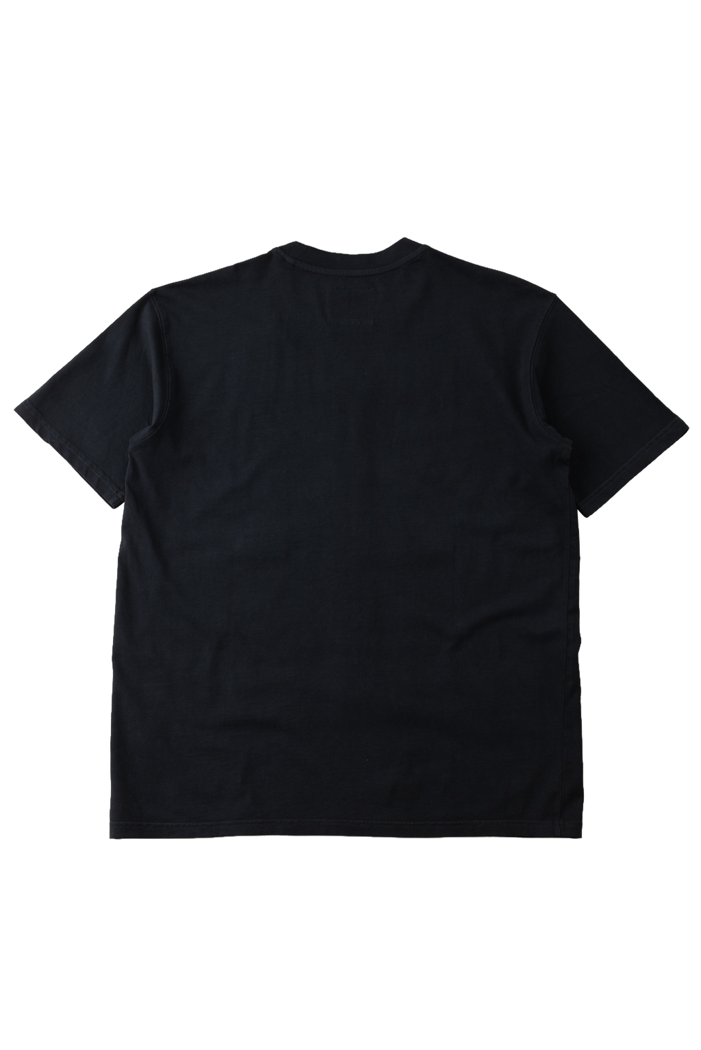 A plain black short-sleeve t-shirt shown from the back, laid flat against a solid white background.