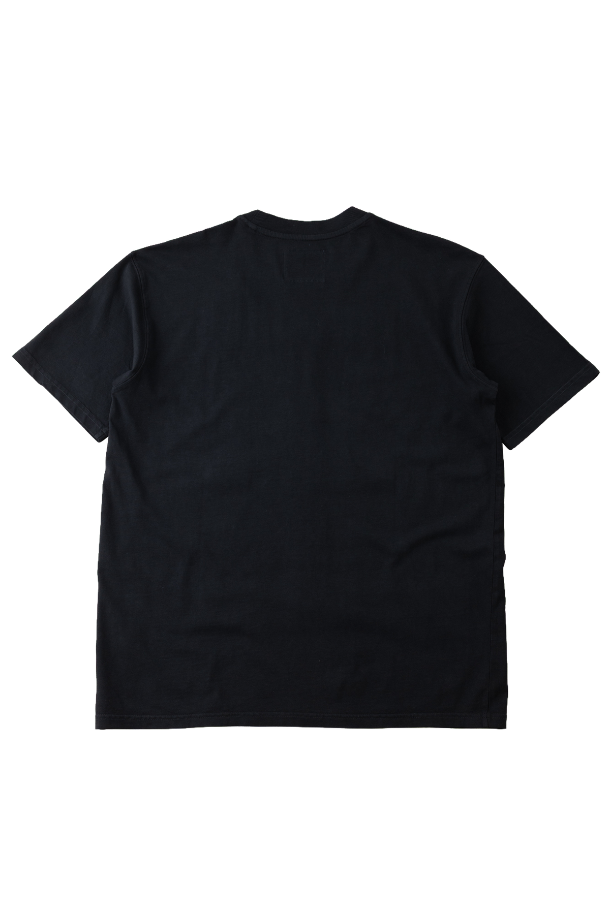 A plain black short-sleeve t-shirt shown from the back, laid flat against a solid white background.