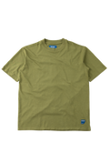 An olive green short-sleeve crewneck t-shirt with a small blue brand tag on the bottom right hem, displayed flat against a white background.