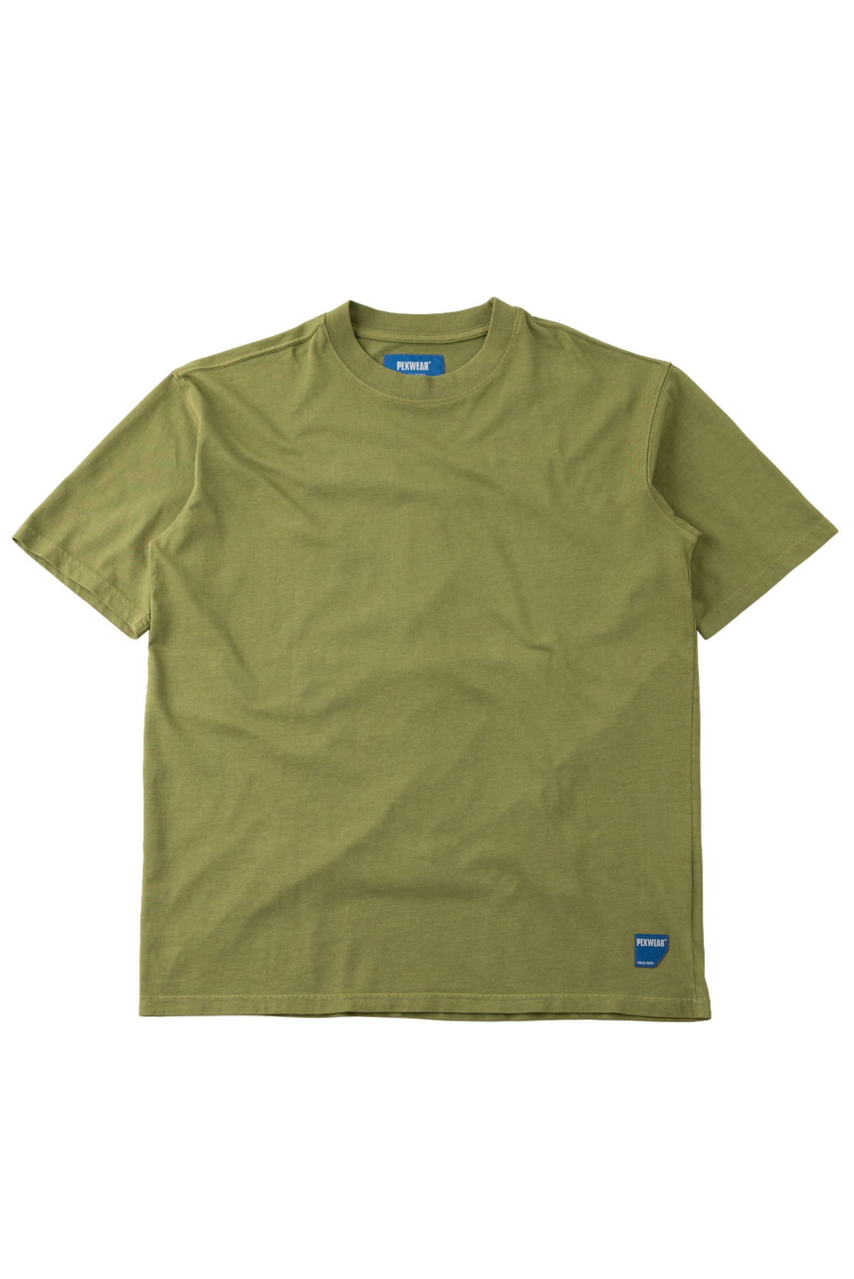 An olive green short-sleeve crewneck t-shirt with a small blue brand tag on the bottom right hem, displayed flat against a white background.