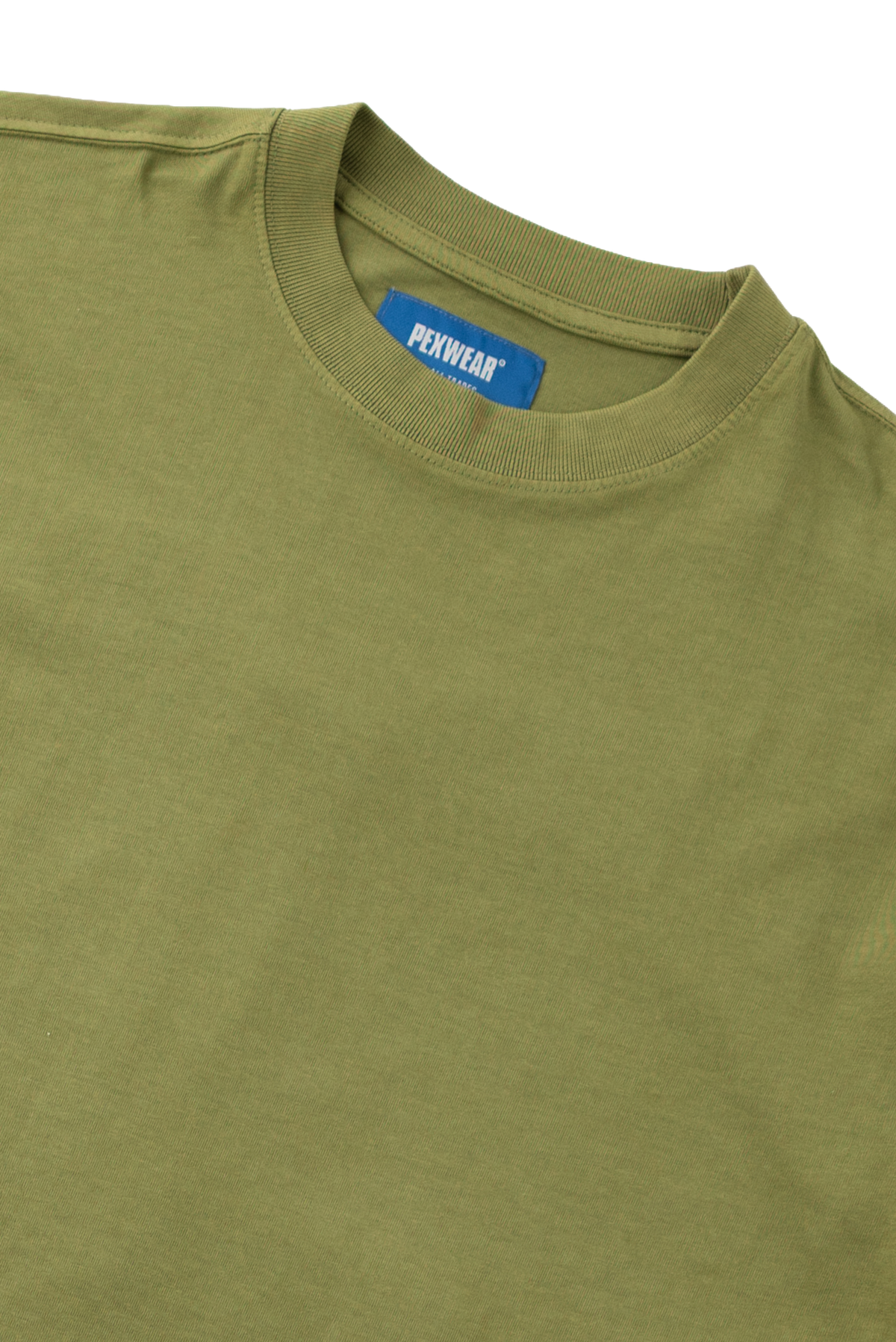 Close-up of an olive green crewneck t-shirt showing the inner neck label which reads 'PEXWEAR'.