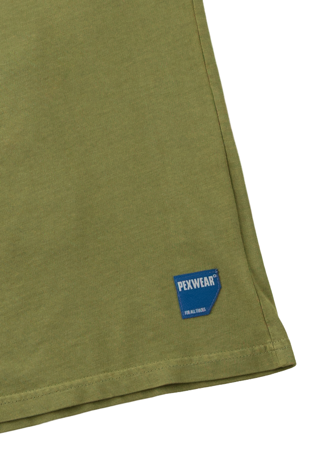 Close-up of an olive green t-shirt corner featuring a blue and white PEXWEAR 'FRESH AIR' patch on the hem, set against a plain white background.