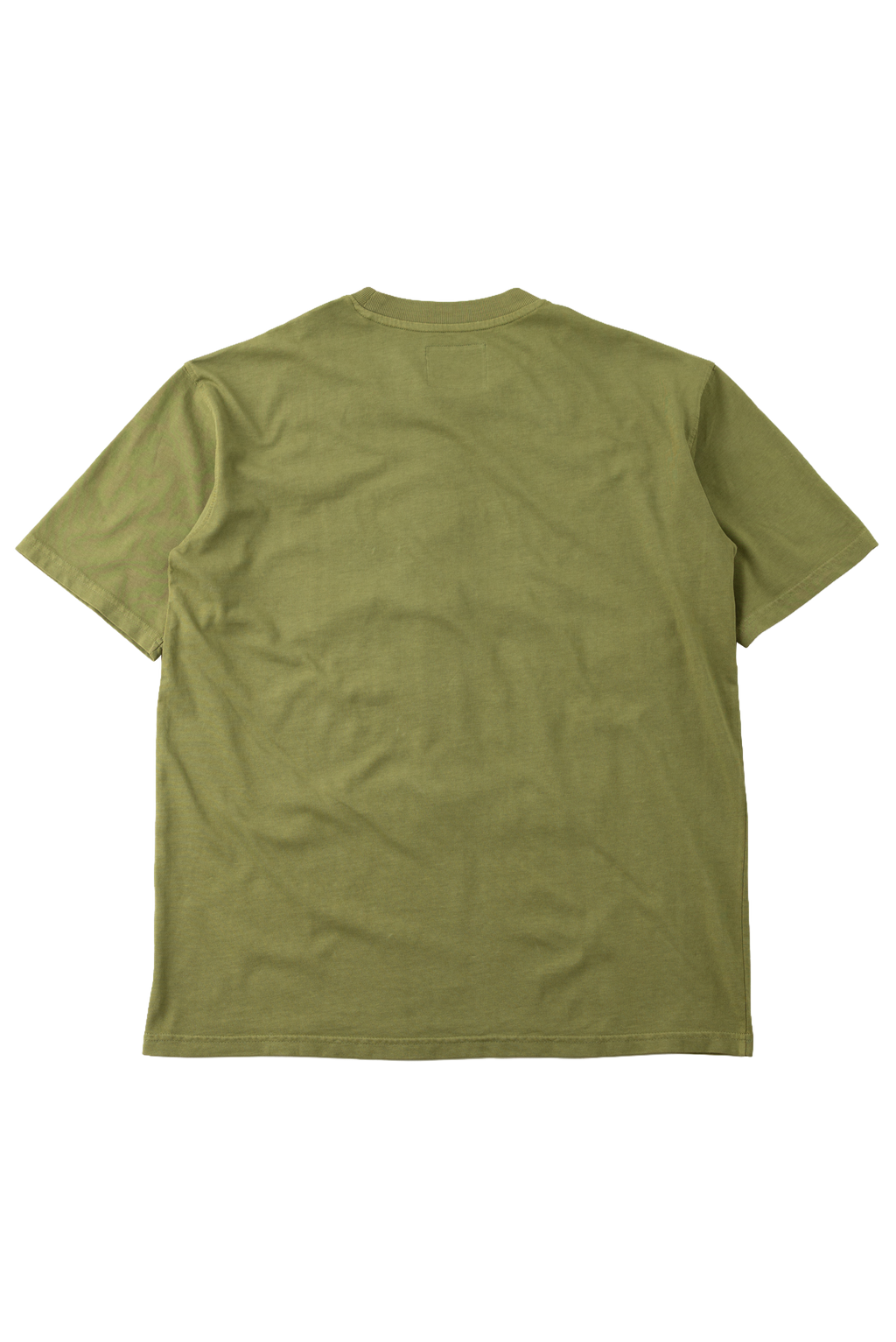 An olive green short-sleeve t-shirt shown from the back, laid flat against a solid white background.
