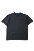 A black short-sleeve crewneck t-shirt with a small blue brand tag on the bottom right hem, displayed flat against a white background.