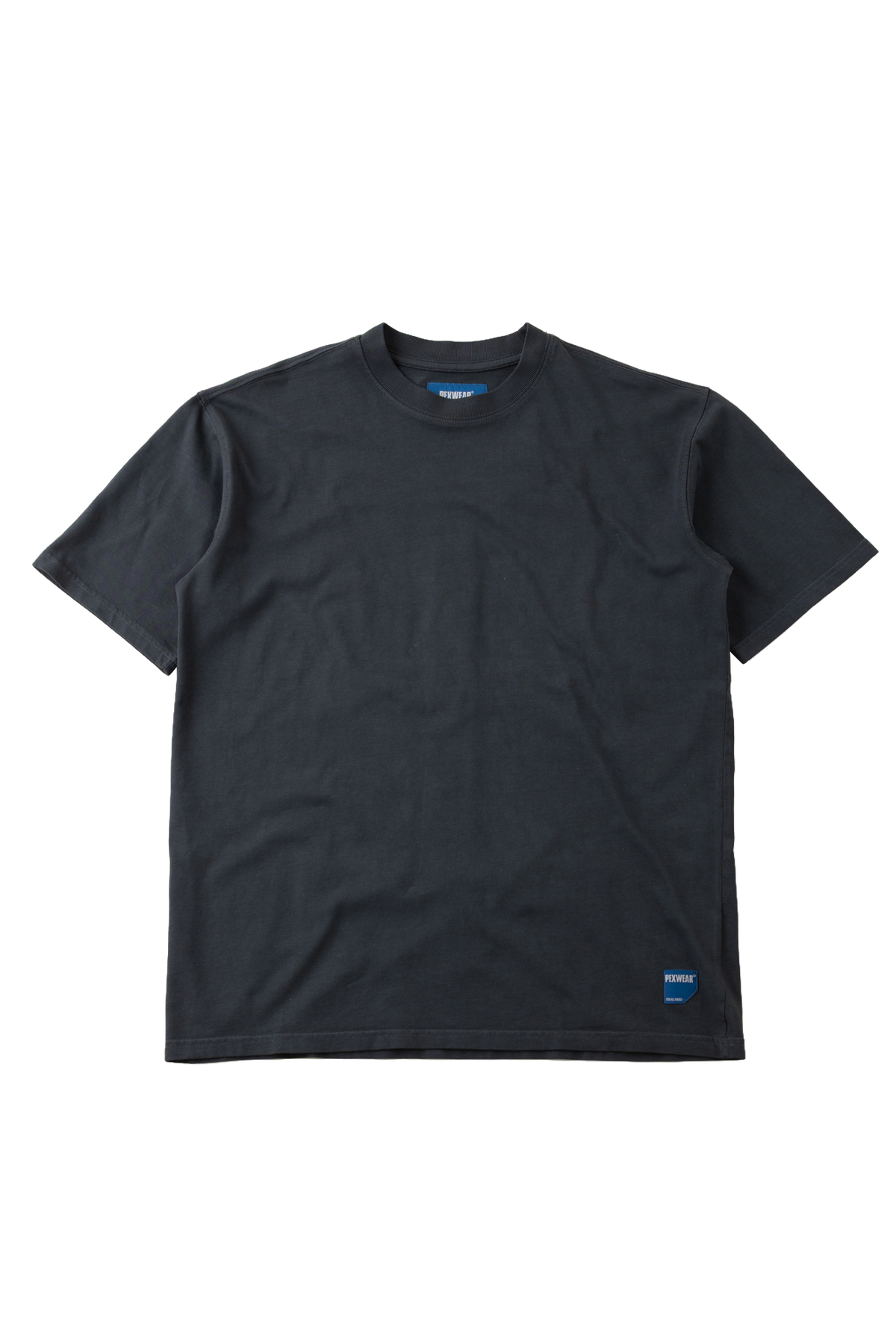 A black short-sleeve crewneck t-shirt with a small blue brand tag on the bottom right hem, displayed flat against a white background.