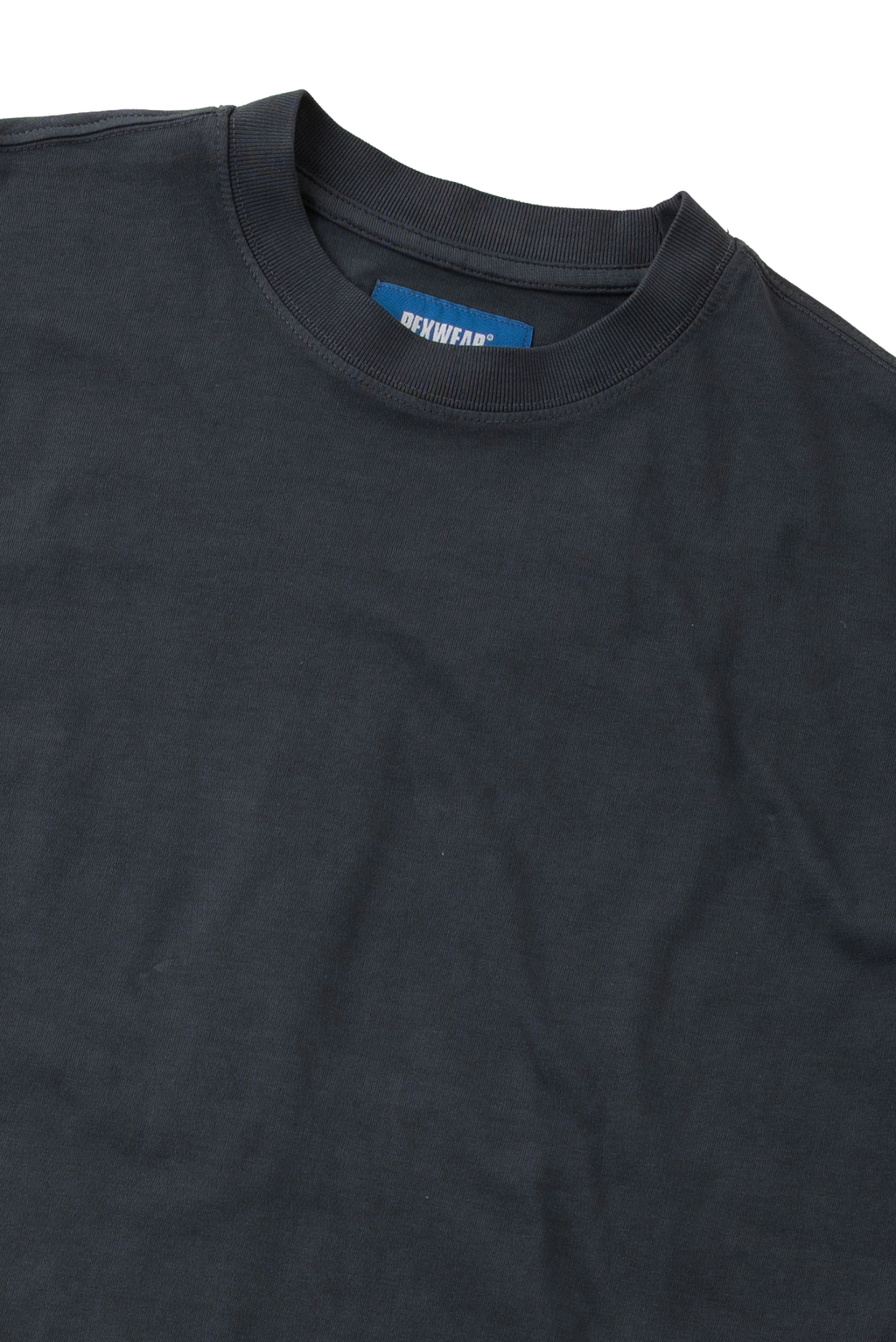 A close-up of a black crewneck t-shirt showing the inner collar with a blue 'noywear' brand label.
