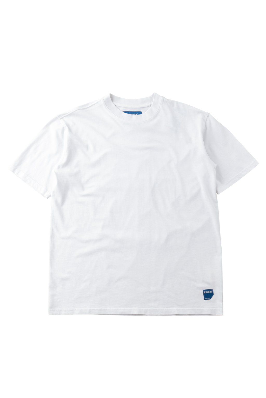 A white short-sleeve crewneck t-shirt with a small blue logo patch on the bottom right hem, displayed flat against a white background.