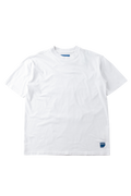 A white short-sleeve crewneck t-shirt with a small blue logo patch on the bottom right hem, displayed flat against a white background.