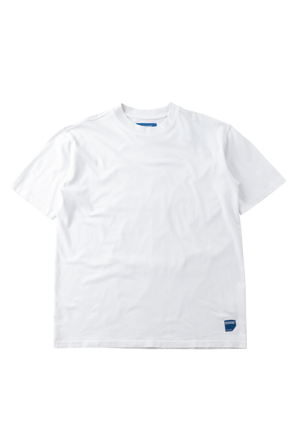 A white short-sleeve crewneck t-shirt with a small blue logo patch on the bottom right hem, displayed flat against a white background.