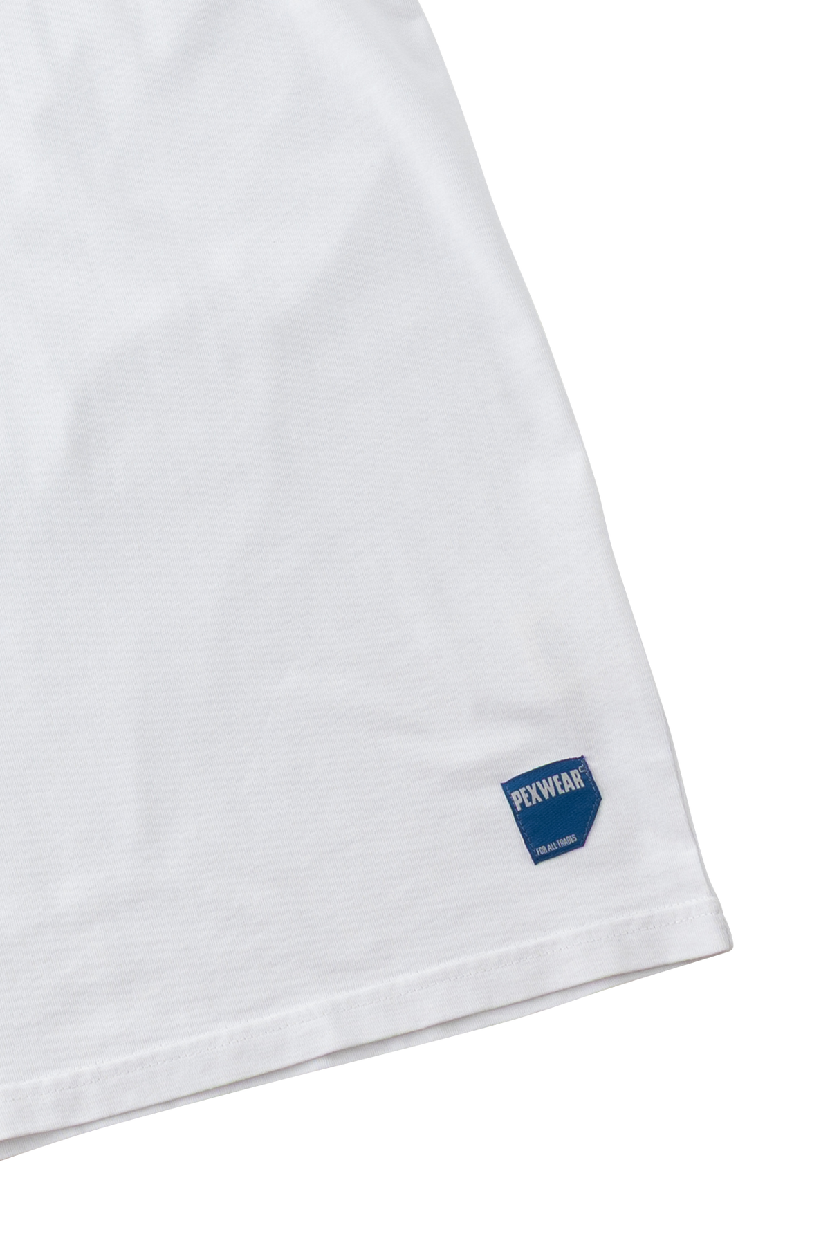Close-up of a white short-sleeve t-shirt showing the lower left hem with a small blue hexagonal PEXWEAR logo patch.