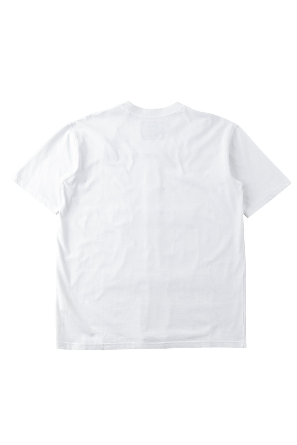 A plain white short-sleeve crewneck t-shirt shown from the back, laid flat against a solid white background.