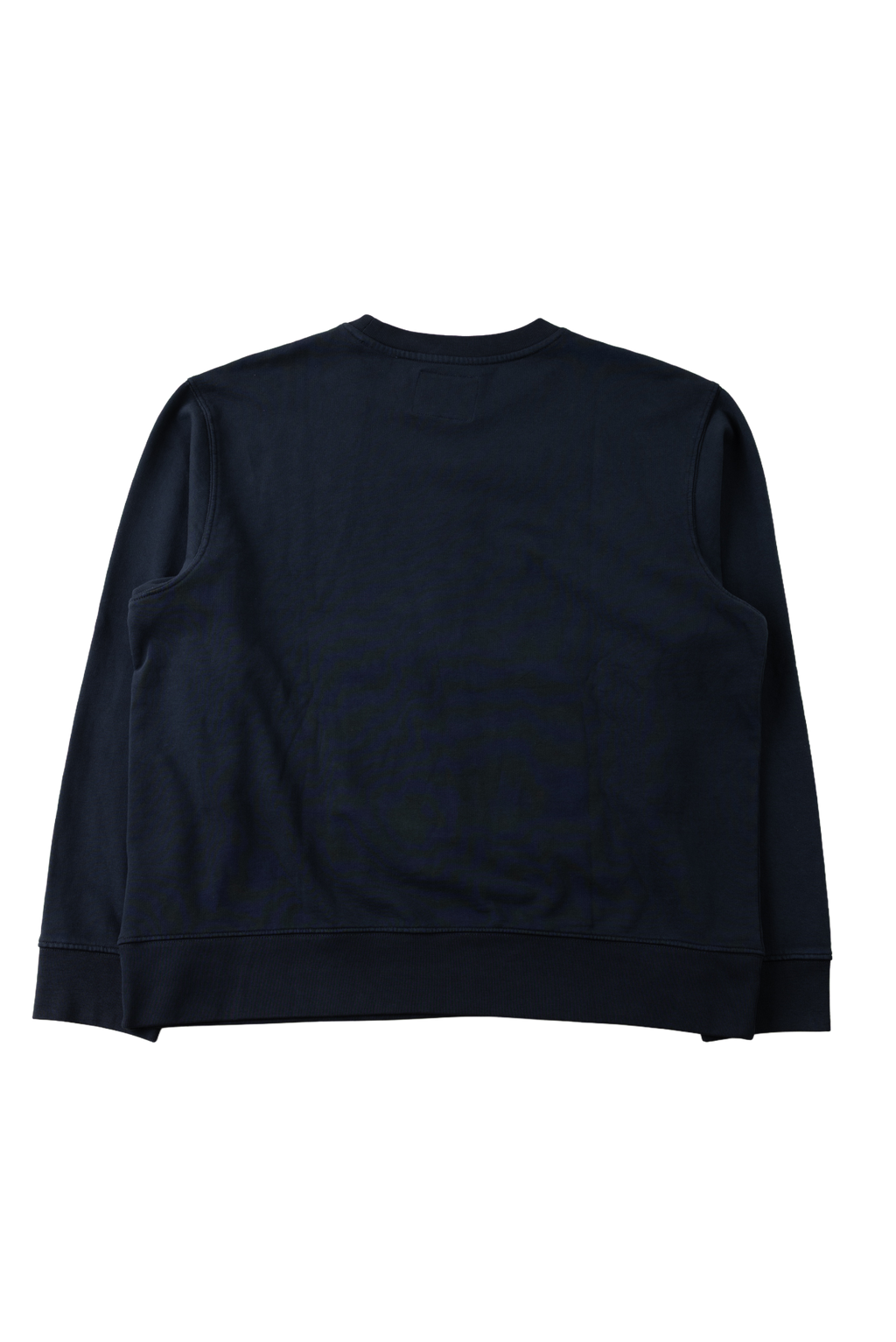 A dark navy blue crewneck sweatshirt shown from the back, laid flat against a solid white background.