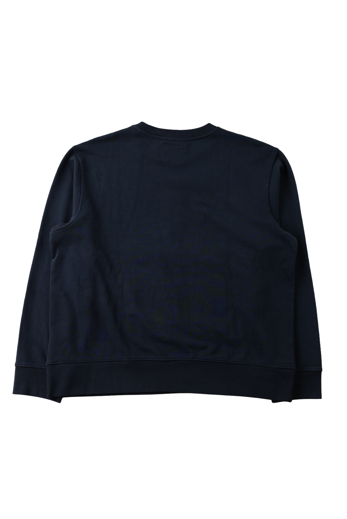 A dark navy blue crewneck sweatshirt shown from the back, laid flat against a solid white background.