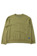 An olive green crewneck sweatshirt with a small blue brand tag on the lower left hem, displayed flat against a solid white background.