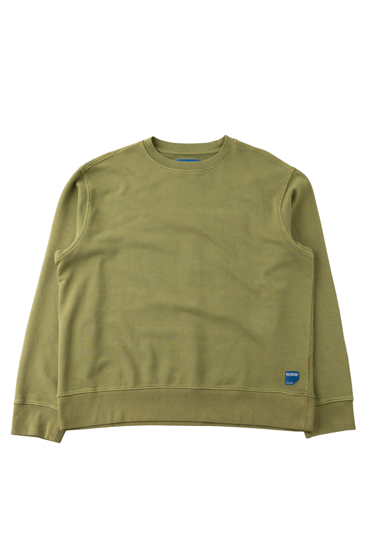 An olive green crewneck sweatshirt with a small blue brand tag on the lower left hem, displayed flat against a solid white background.