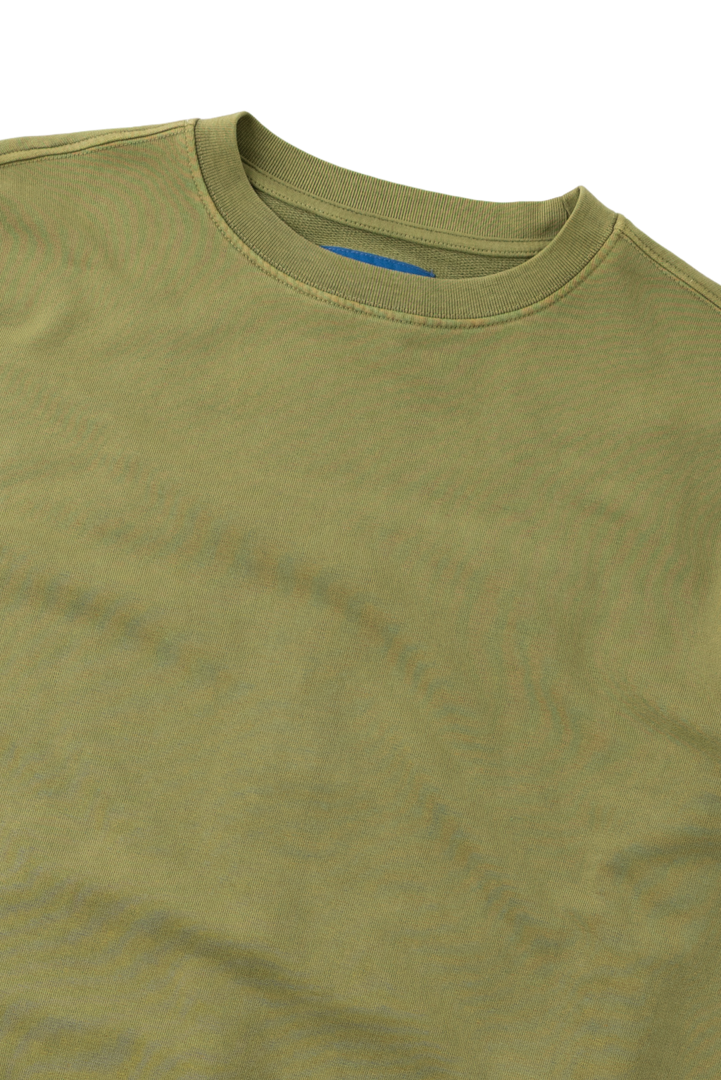 Close-up of an olive green crewneck t-shirt showing the collar and upper chest area against a white background.